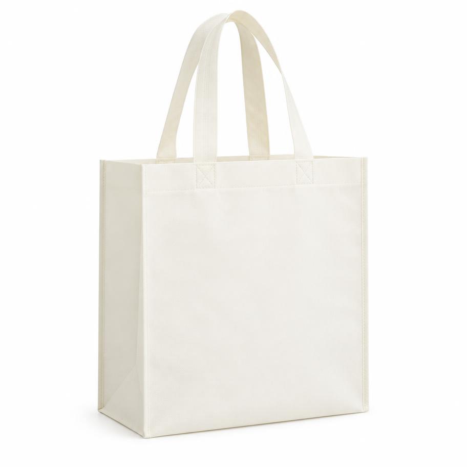 Cream box-style non-woven bag with flat bottom for boutique and brand packaging